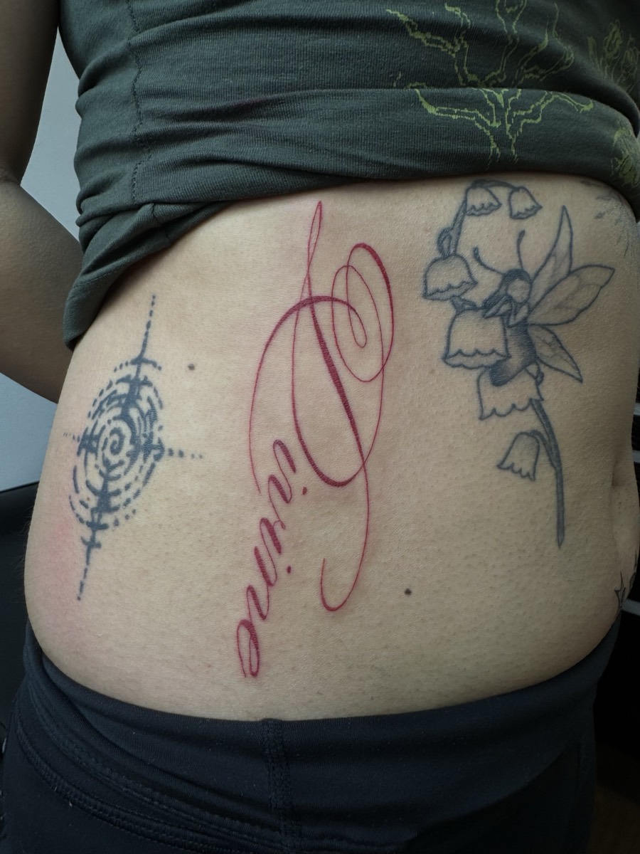 Custom script lettering tattoo by Aliza Nadine Phoenix