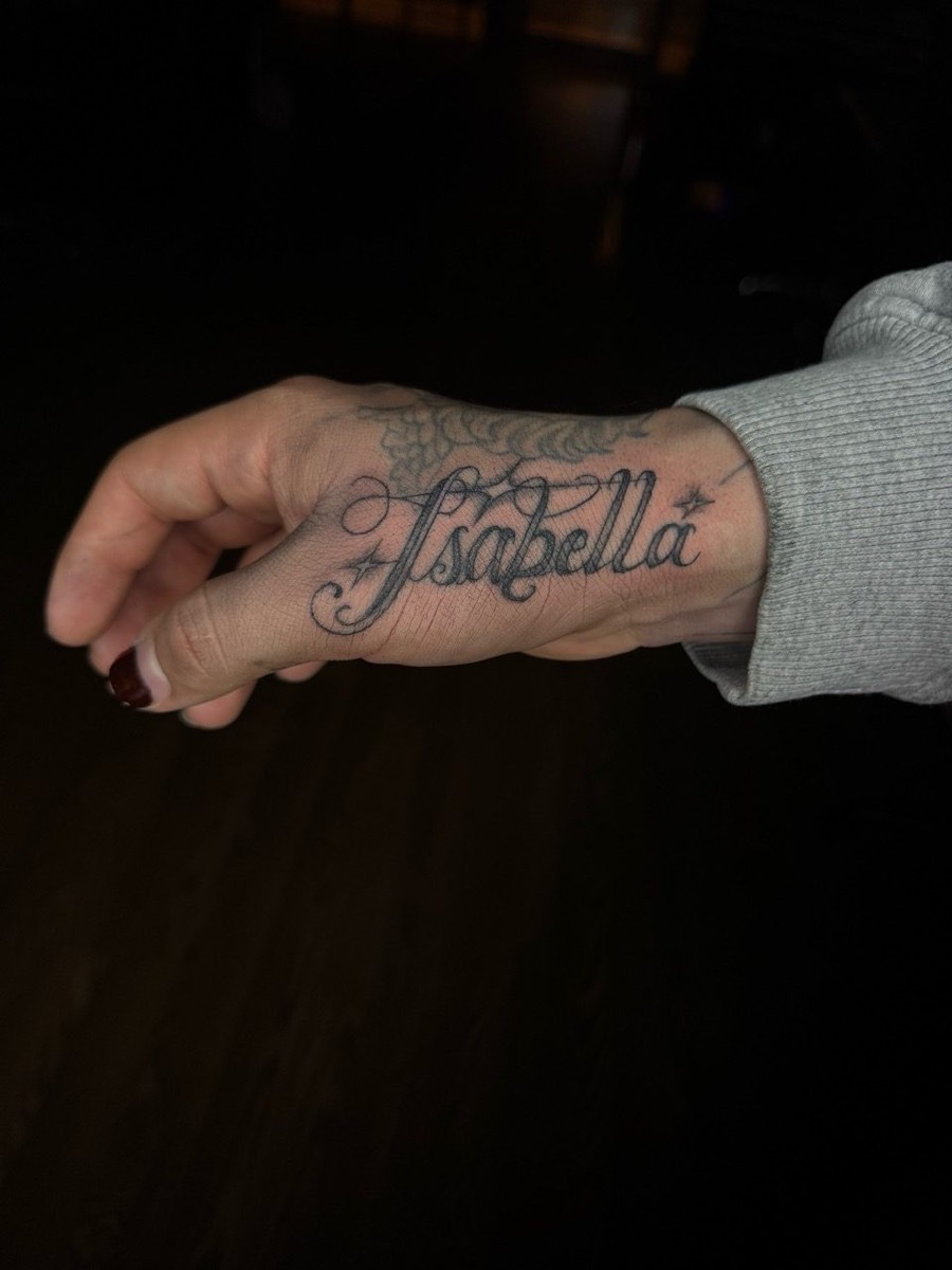 Custom script lettering tattoo by Aliza Nadine Phoenix