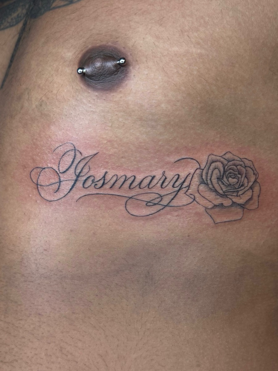Custom script lettering tattoo by Aliza Nadine Phoenix
