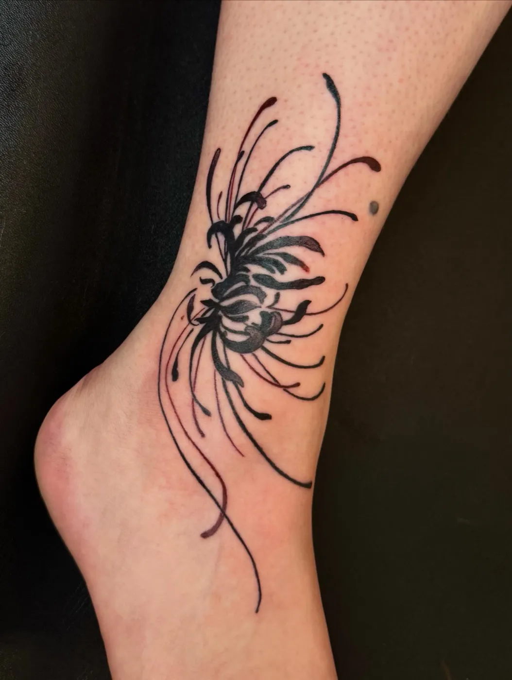 Chrysanthemum Red Ink tattoo — Fine Line by Aliza Nadine Phoenix AZ