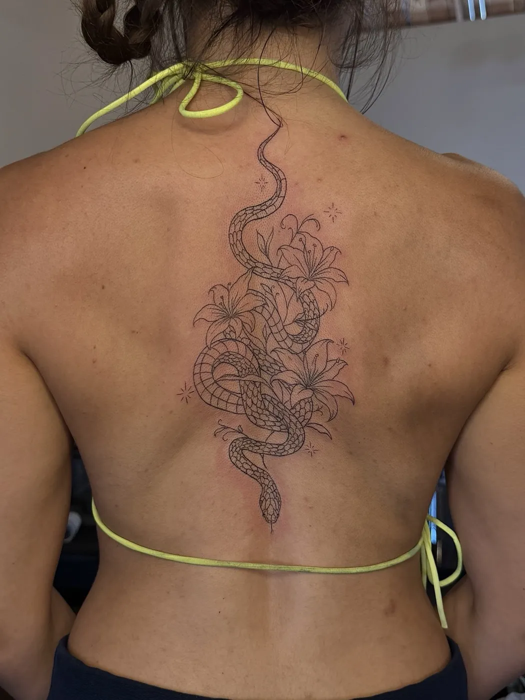 Snake Floral Lily tattoo — Fine Line by Aliza Nadine Phoenix AZ