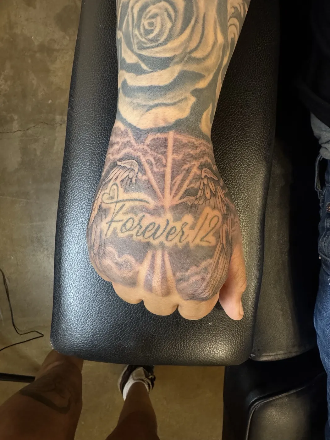 Forever 12 Clouds Cross tattoo — Black & Grey by Aliza Nadine Phoenix AZ