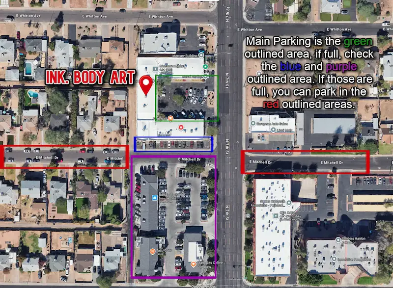 Parking guide for Ink. Body Art: the main lot beside the building (green), overflow lots to the south (blue and purple), and street parking on E Mitchell Dr (red)